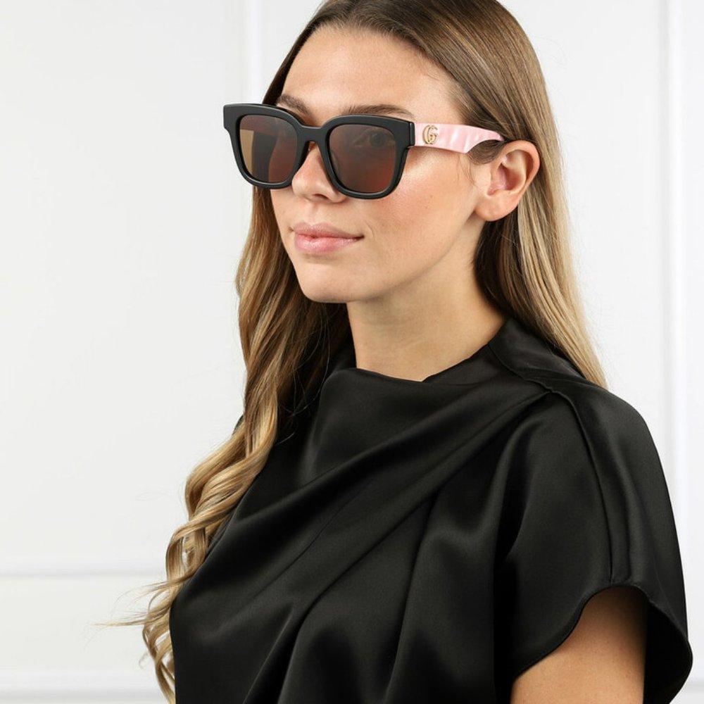 NEW Gucci GG0998S 005 Black Pink Pearl Temples Brown Square Women Sunglasses - Picture 9 of 11